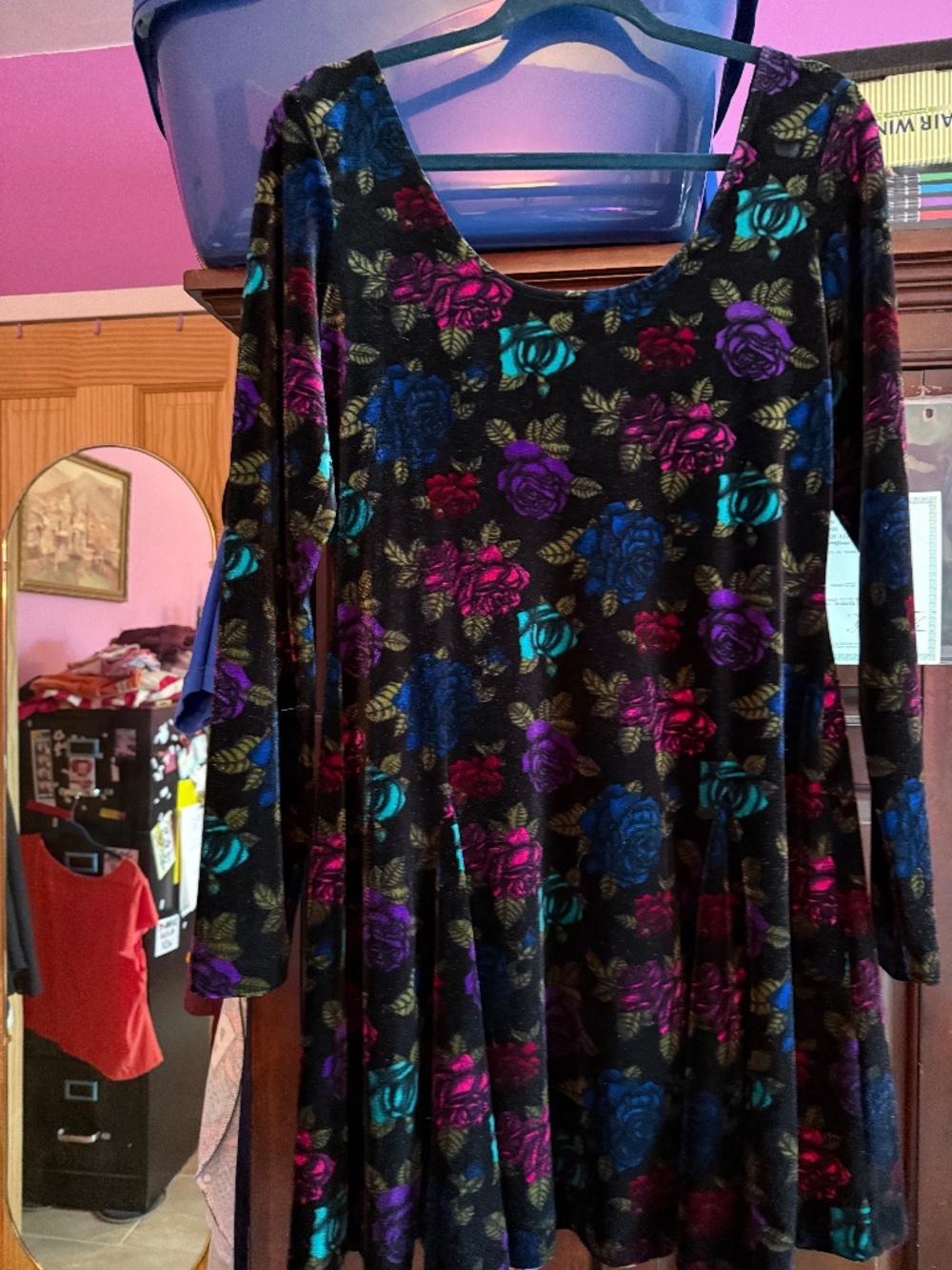 Betsey Johnson Velvet Floral Dress Black Multicolor Roses Fit & Flare Large Y2K